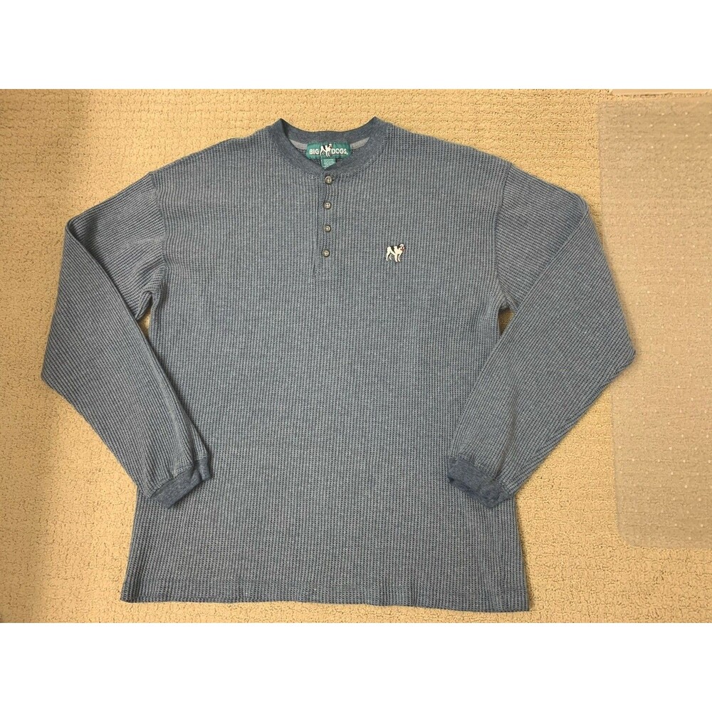 Big Dogs Blue Gray Long Sleeve Logo Henley Thermal Knit Pullover Shirt XL